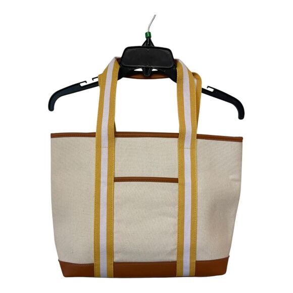Handbags - Tan and Yellow Striped Canvas Tote with Interior and Exterior Pockets
